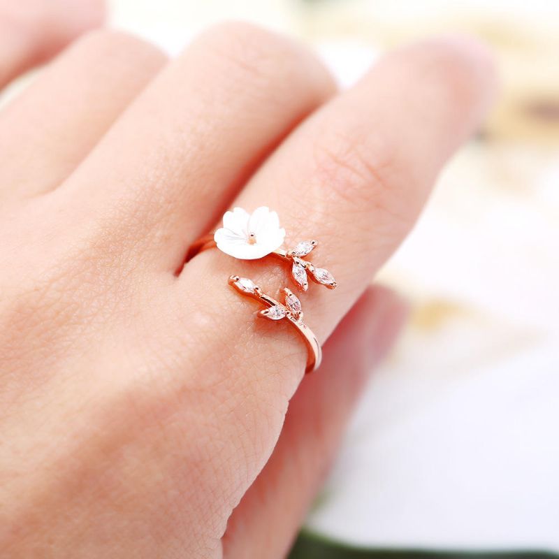 Trendy Zarter Zirkonia-kristallring Blatt-muschel-blume Rose Gold Open-end-ringe Für Frauen Mädchen