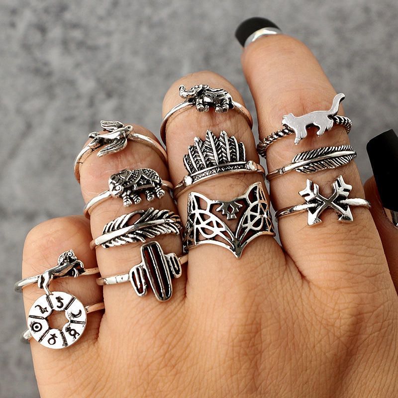 Vintage Geometric Animal Rings Set Hollow Cactus Foxs Knuckle Ring Trendy Schmuck Für Frauen