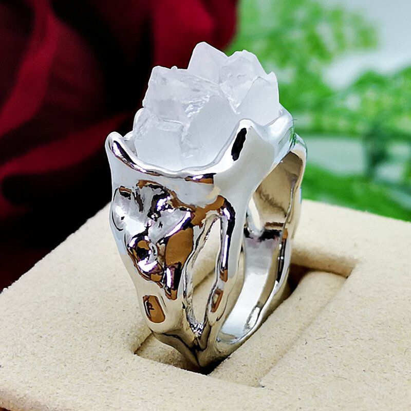 Vintage Geometrische Unregelmäßige Natürliche Kristallerz Ring Metall Hohle Transparente Edelstein Fingerringe