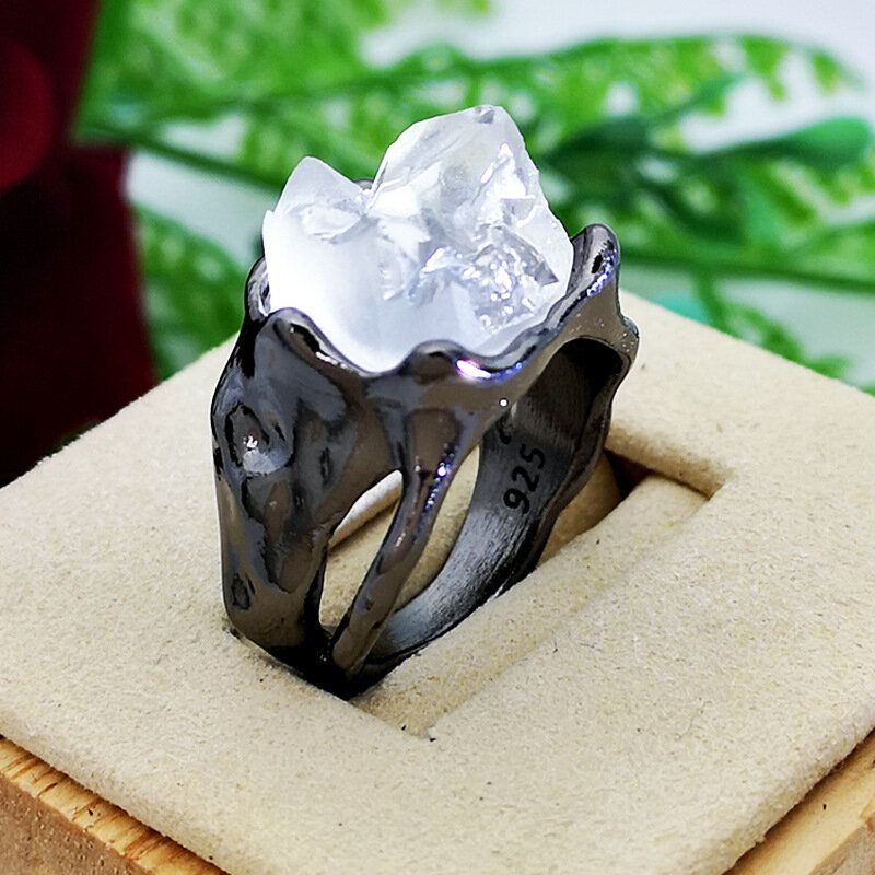 Vintage Geometrische Unregelmäßige Natürliche Kristallerz Ring Metall Hohle Transparente Edelstein Fingerringe