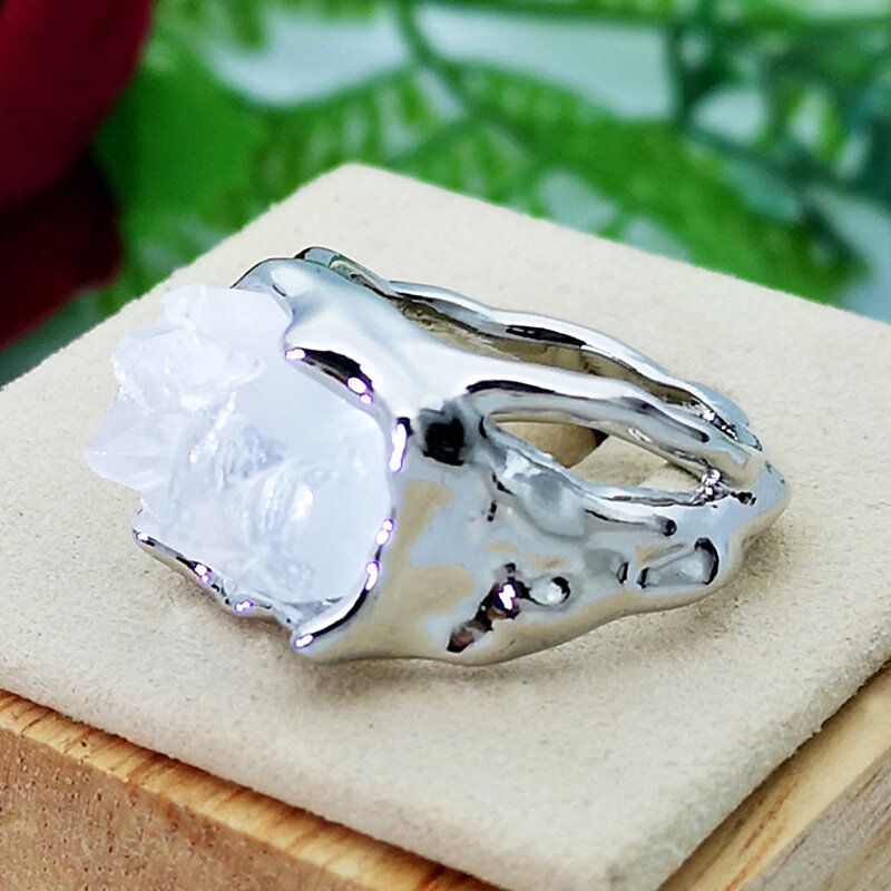 Vintage Geometrische Unregelmäßige Natürliche Kristallerz Ring Metall Hohle Transparente Edelstein Fingerringe