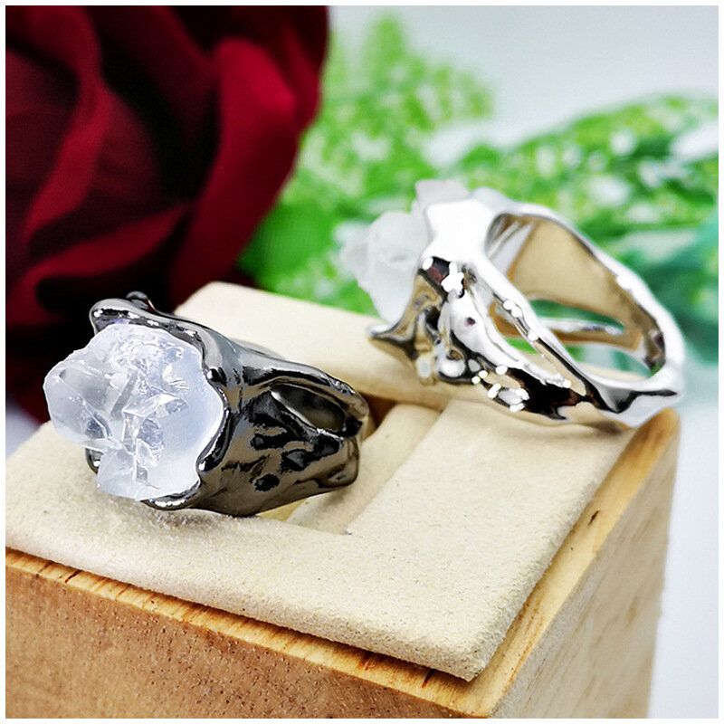 Vintage Geometrische Unregelmäßige Natürliche Kristallerz Ring Metall Hohle Transparente Edelstein Fingerringe