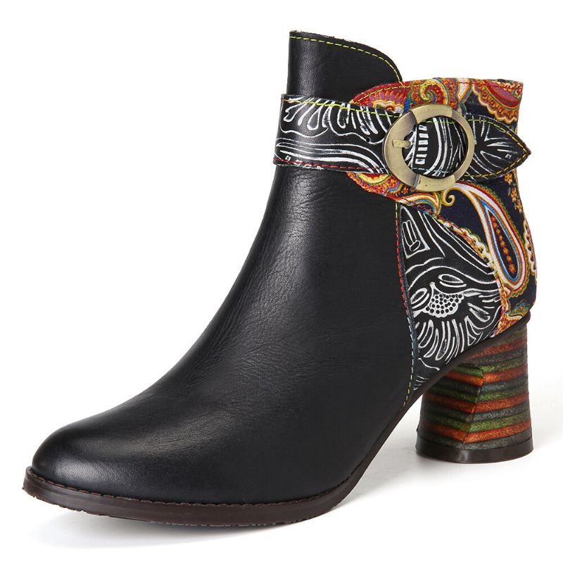 Ankle Boots Mit Schnallenriemen Im Retro-blumendruck Und Gespleißtem Leder