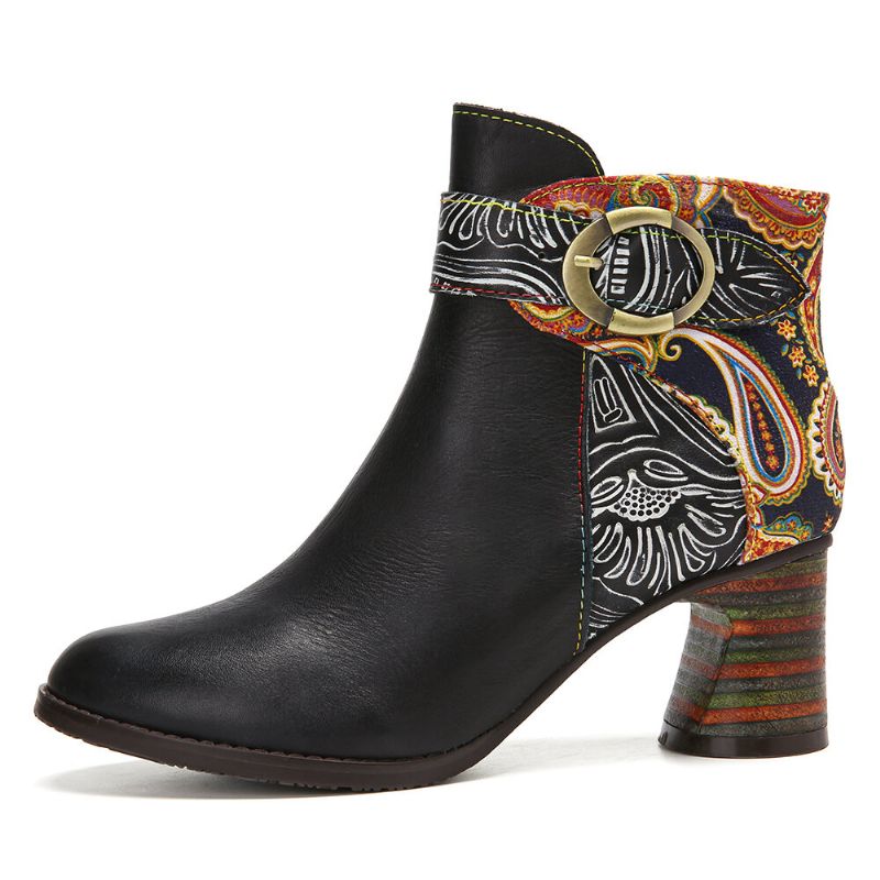 Ankle Boots Mit Schnallenriemen Im Retro-blumendruck Und Gespleißtem Leder