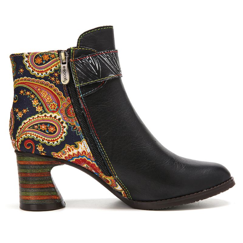 Ankle Boots Mit Schnallenriemen Im Retro-blumendruck Und Gespleißtem Leder