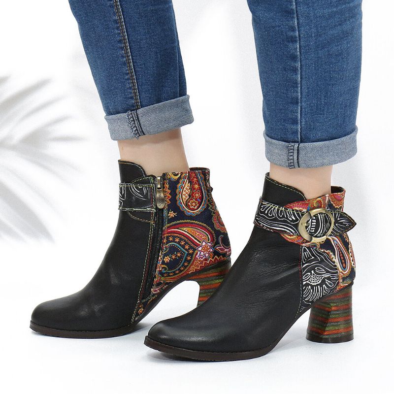 Ankle Boots Mit Schnallenriemen Im Retro-blumendruck Und Gespleißtem Leder