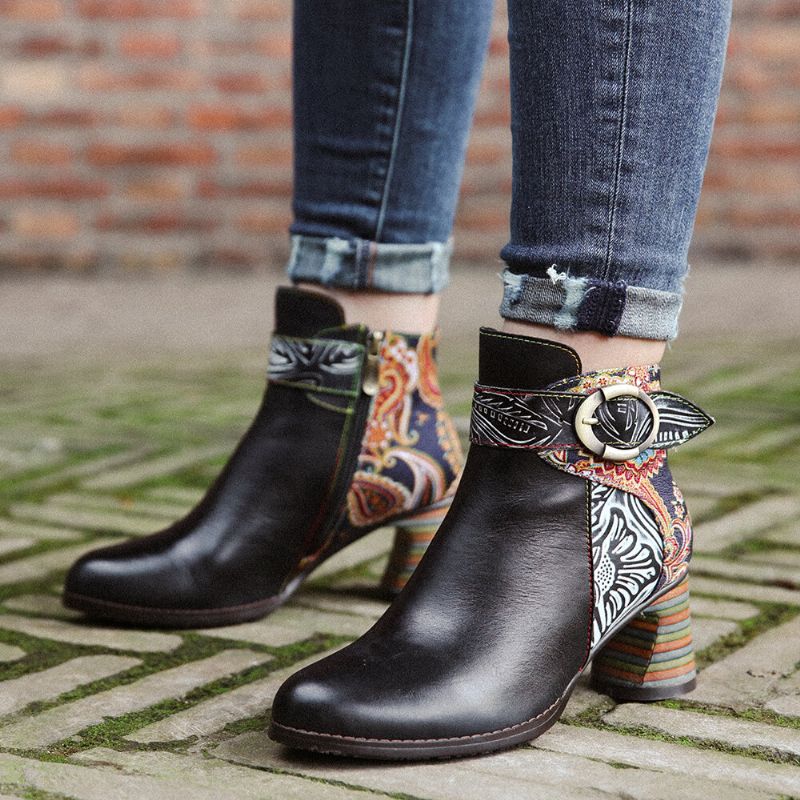 Ankle Boots Mit Schnallenriemen Im Retro-blumendruck Und Gespleißtem Leder