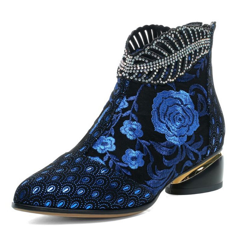 Bequeme Damen-stiefeletten Aus Weichem Leder Mit Bestickten Blumen Und Strasssteinen Und Klobigem Absatz