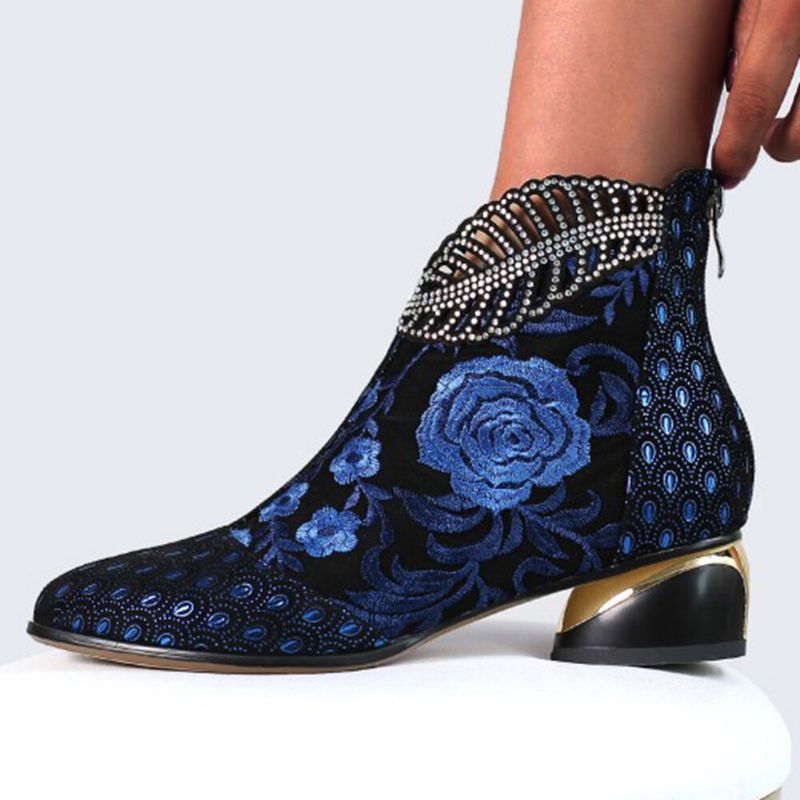 Bequeme Damen-stiefeletten Aus Weichem Leder Mit Bestickten Blumen Und Strasssteinen Und Klobigem Absatz