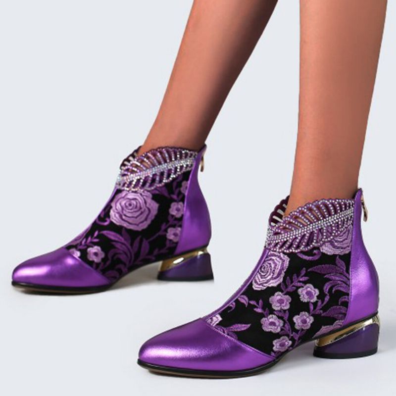 Bequeme Damen-stiefeletten Aus Weichem Leder Mit Bestickten Blumen Und Strasssteinen Und Klobigem Absatz