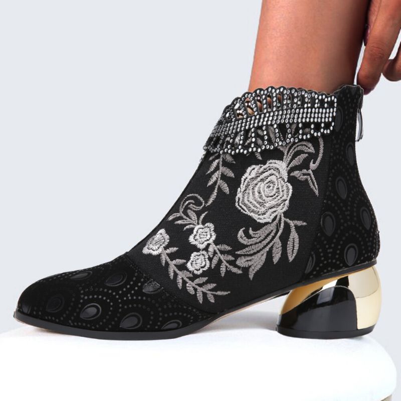 Bequeme Damen-stiefeletten Aus Weichem Leder Mit Bestickten Blumen Und Strasssteinen Und Klobigem Absatz