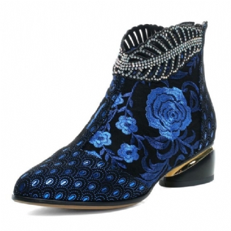 Bequeme Damen-stiefeletten Aus Weichem Leder Mit Bestickten Blumen Und Strasssteinen Und Klobigem Absatz