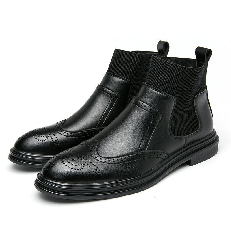 Bequeme Elastische Slip-on-chelsea-stiefel Im Brogue-stil Für Herren