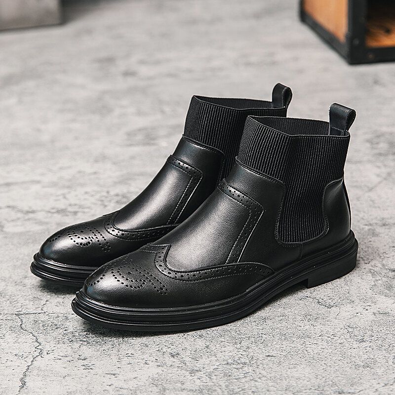 Bequeme Elastische Slip-on-chelsea-stiefel Im Brogue-stil Für Herren