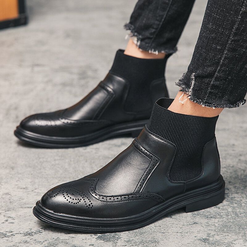 Bequeme Elastische Slip-on-chelsea-stiefel Im Brogue-stil Für Herren