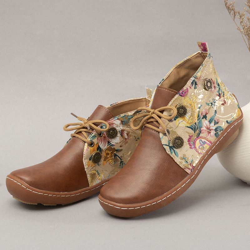 Bequeme Flache Ankle Boots Zum Schnüren Einfarbig Runder Zeh Gespleißt Mit Blumenmuster