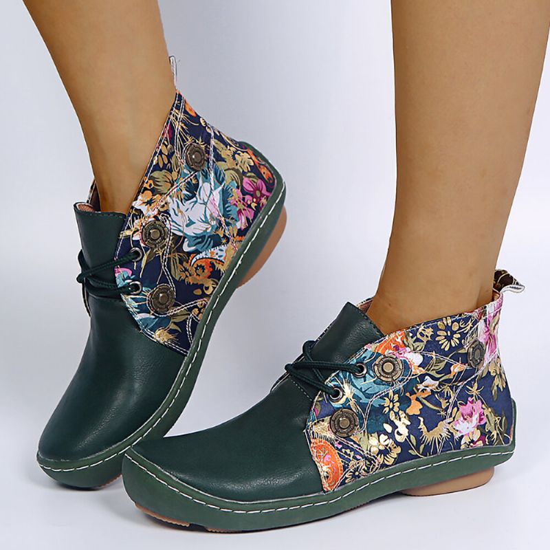 Bequeme Flache Ankle Boots Zum Schnüren Einfarbig Runder Zeh Gespleißt Mit Blumenmuster