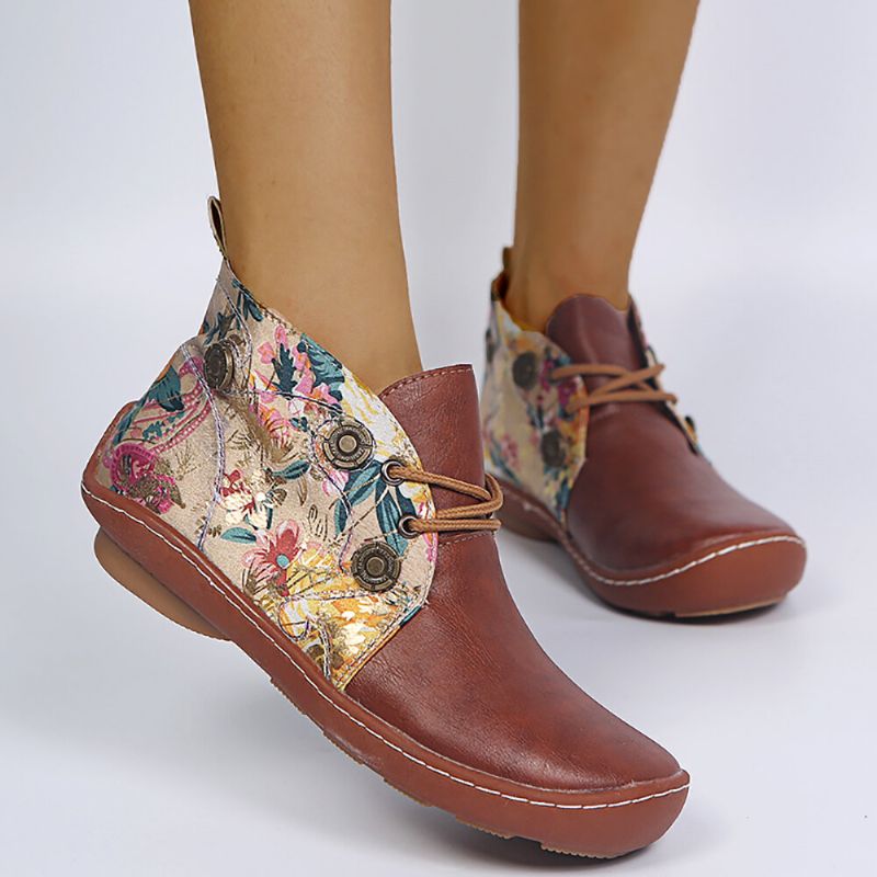 Bequeme Flache Ankle Boots Zum Schnüren Einfarbig Runder Zeh Gespleißt Mit Blumenmuster