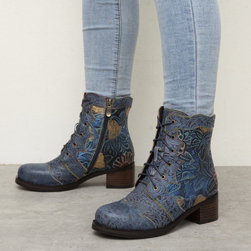 Bequeme Stiefel Mit Absatz Aus Echtem Leder Mit Retro-blumenmuster An Der Seite