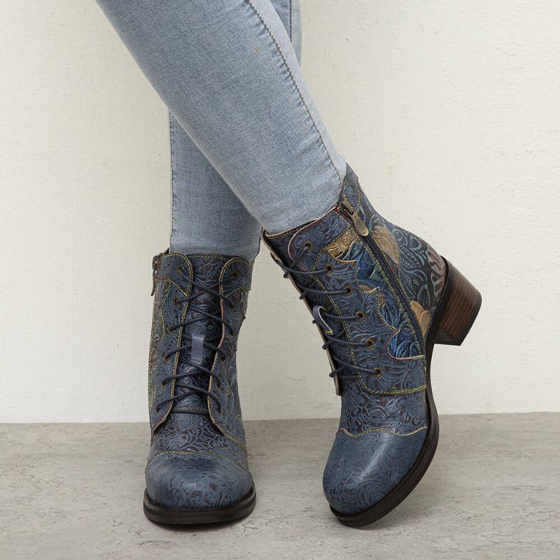 Bequeme Stiefel Mit Absatz Aus Echtem Leder Mit Retro-blumenmuster An Der Seite