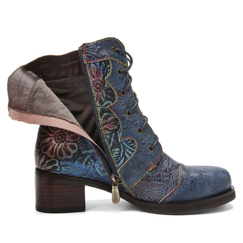 Bequeme Stiefel Mit Absatz Aus Echtem Leder Mit Retro-blumenmuster An Der Seite