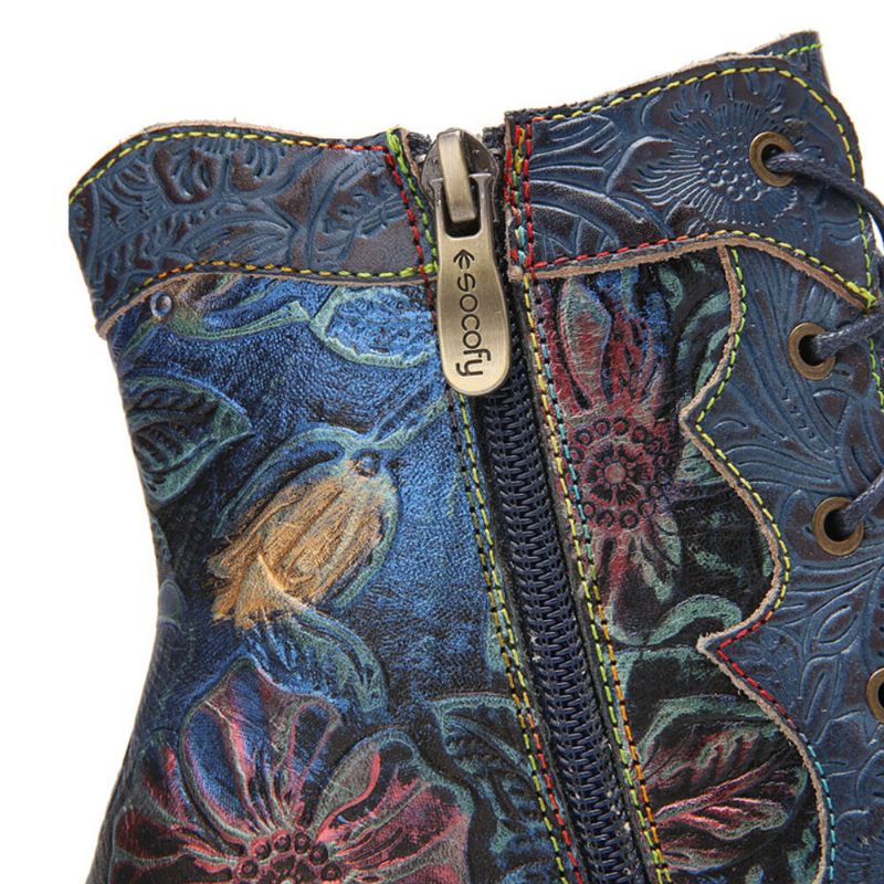 Bequeme Stiefel Mit Absatz Aus Echtem Leder Mit Retro-blumenmuster An Der Seite