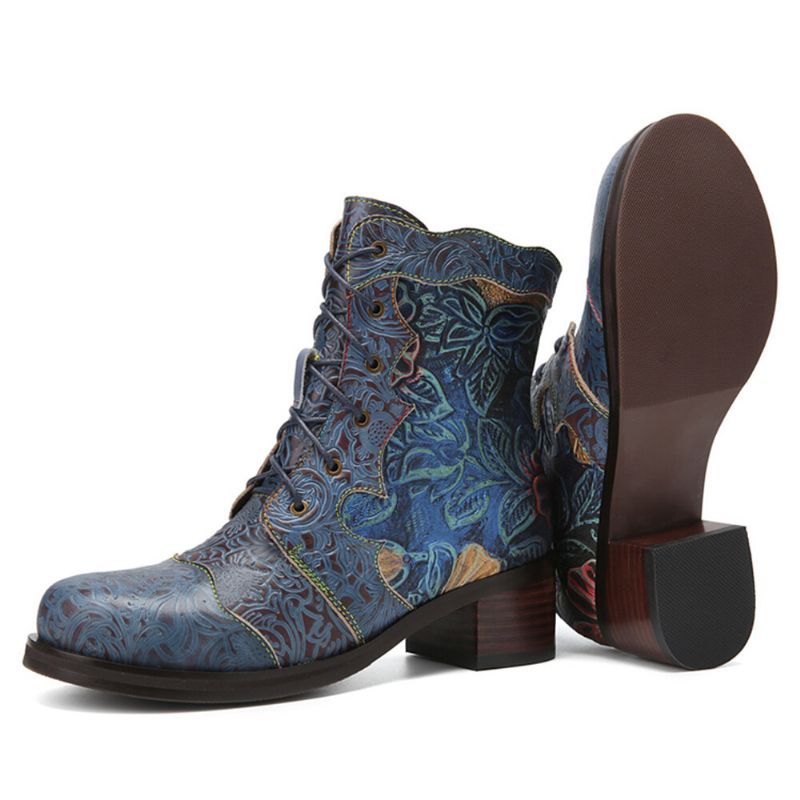 Bequeme Stiefel Mit Absatz Aus Echtem Leder Mit Retro-blumenmuster An Der Seite