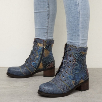 Bequeme Stiefel Mit Absatz Aus Echtem Leder Mit Retro-blumenmuster An Der Seite