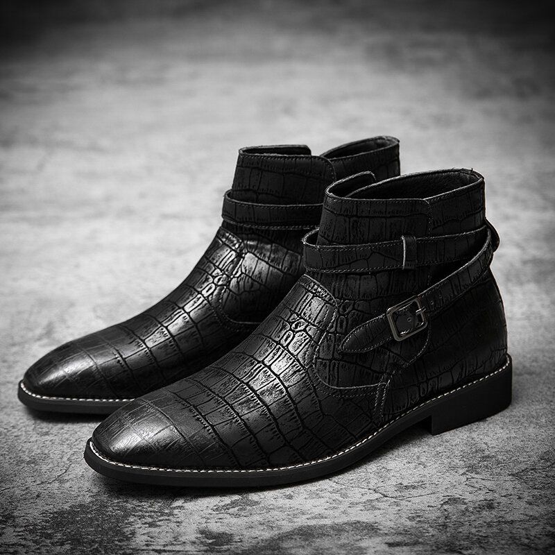 Bequeme Stiefeletten Aus Geprägtem Leder Mit Metallschnalle Für Herren