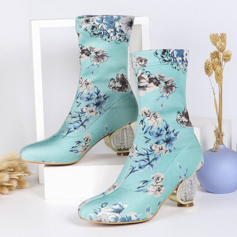 Bequeme Stilvolle Gestickte Blumen Stoff Elastischer Slip-on Kurze Stiefel Mit Klobigem Absatz