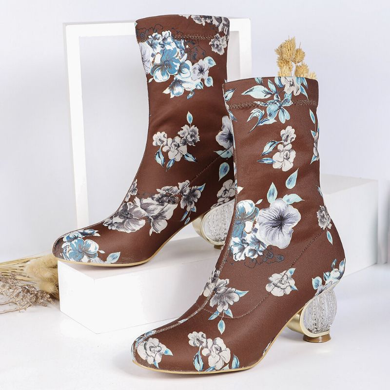 Bequeme Stilvolle Gestickte Blumen Stoff Elastischer Slip-on Kurze Stiefel Mit Klobigem Absatz