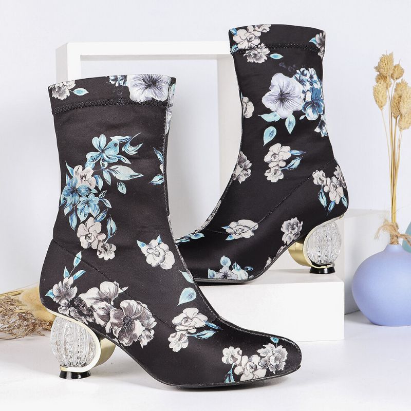 Bequeme Stilvolle Gestickte Blumen Stoff Elastischer Slip-on Kurze Stiefel Mit Klobigem Absatz