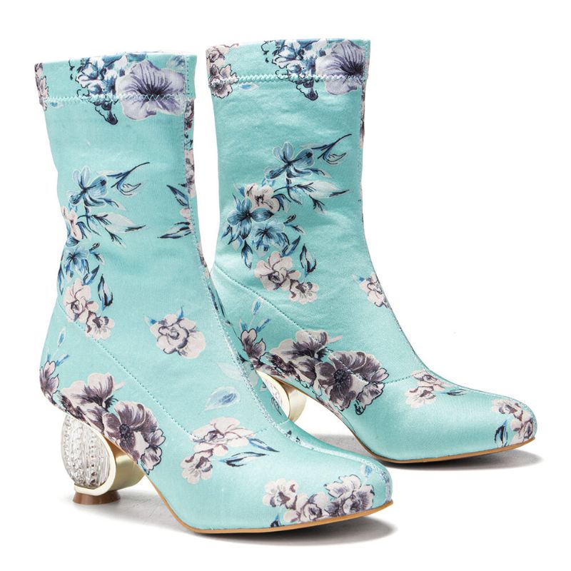 Bequeme Stilvolle Gestickte Blumen Stoff Elastischer Slip-on Kurze Stiefel Mit Klobigem Absatz