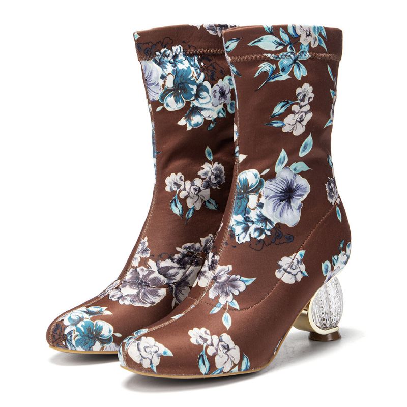 Bequeme Stilvolle Gestickte Blumen Stoff Elastischer Slip-on Kurze Stiefel Mit Klobigem Absatz