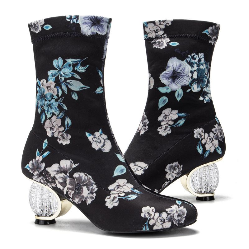 Bequeme Stilvolle Gestickte Blumen Stoff Elastischer Slip-on Kurze Stiefel Mit Klobigem Absatz