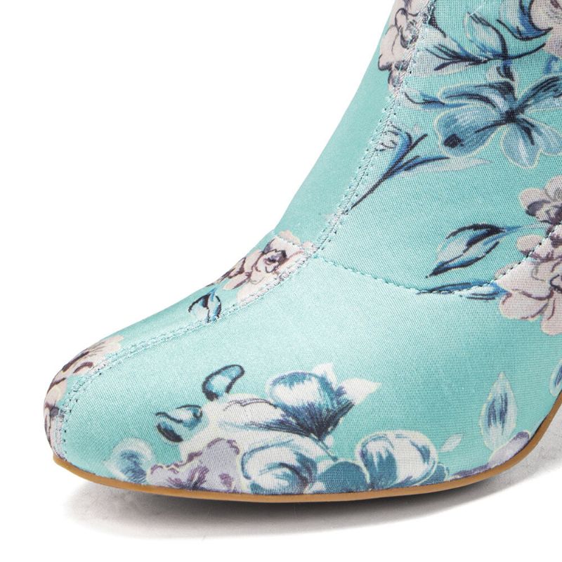 Bequeme Stilvolle Gestickte Blumen Stoff Elastischer Slip-on Kurze Stiefel Mit Klobigem Absatz