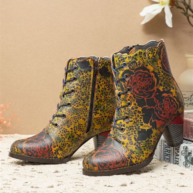 Bequeme Warm Gefütterte Kurze Stiefel Mit Klobigem Absatz Und Reißverschluss Mit Vintage-blumendruck