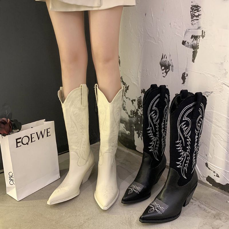 Bestickte Damen-cowboystiefel Mit Spitzer Zehenpartie Und Dickem Absatz