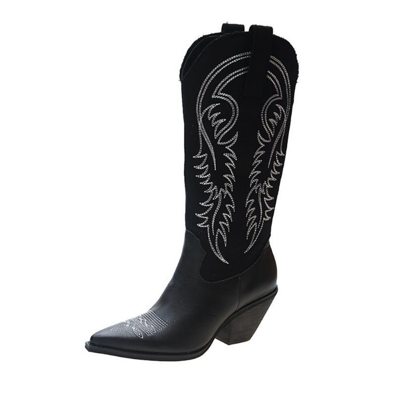 Bestickte Damen-cowboystiefel Mit Spitzer Zehenpartie Und Dickem Absatz