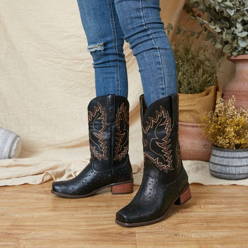 Bestickte Gespleißte Rutschfeste Mittelhohe Cowboystiefel Für Damen