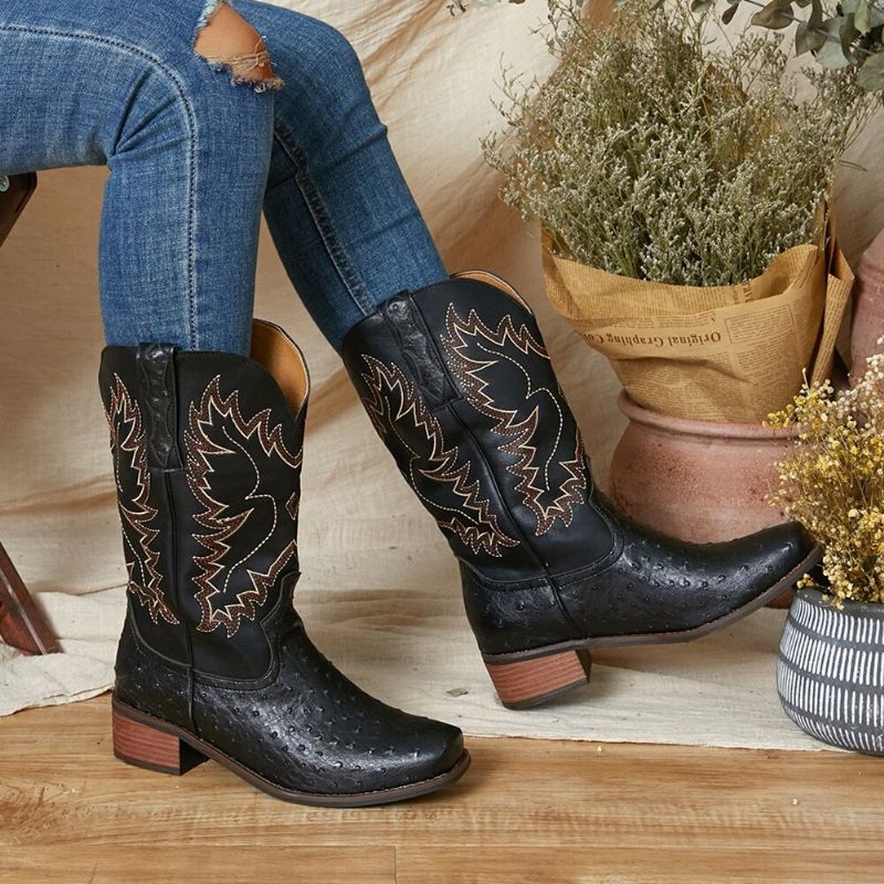 Bestickte Gespleißte Rutschfeste Mittelhohe Cowboystiefel Für Damen