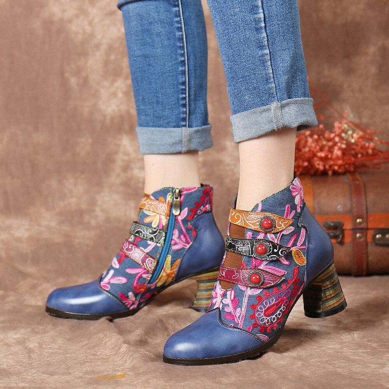 Blumen Stickerei Spleißen Echtes Leder Tragbare Sohle Chunky Heel Stiefeletten