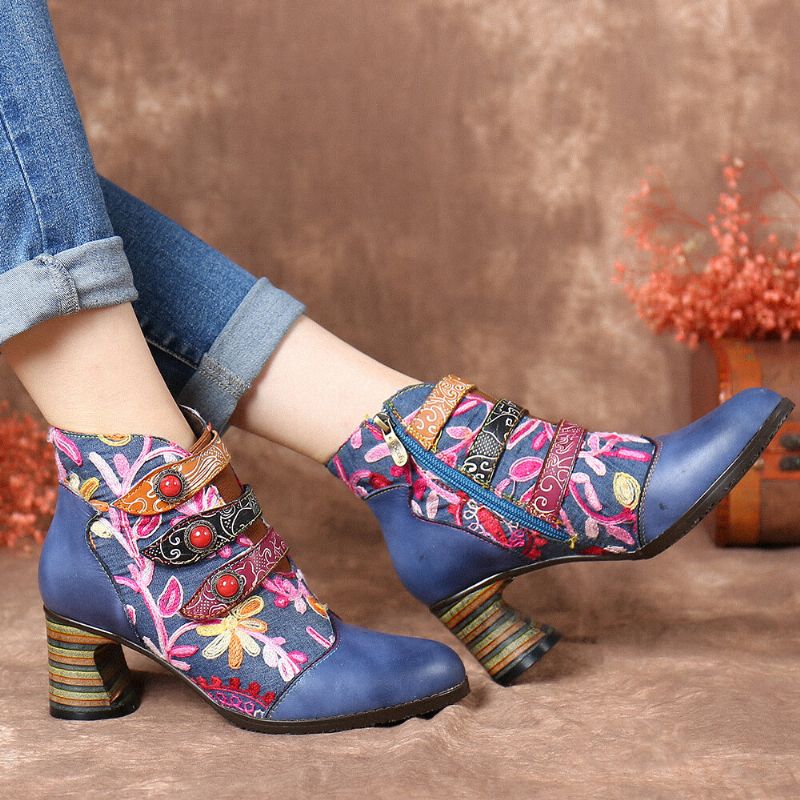 Blumen Stickerei Spleißen Echtes Leder Tragbare Sohle Chunky Heel Stiefeletten