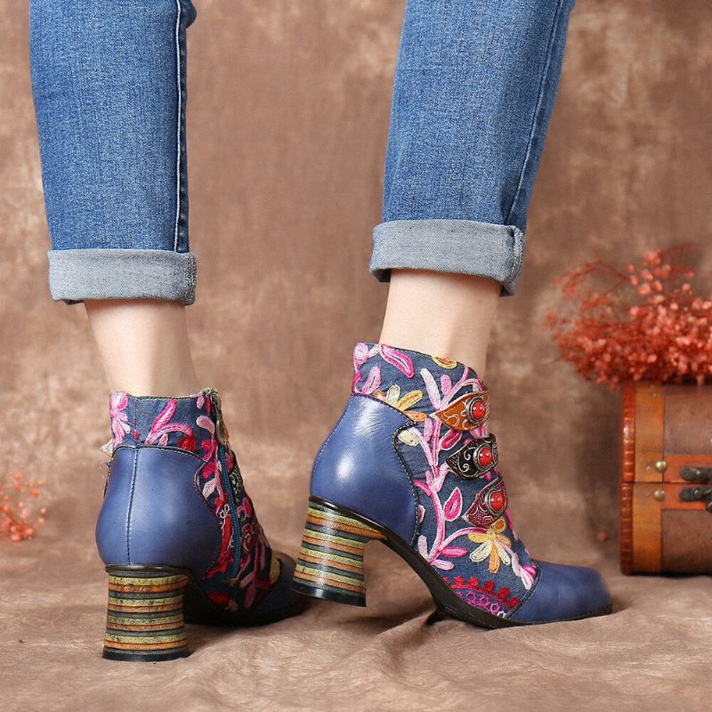 Blumen Stickerei Spleißen Echtes Leder Tragbare Sohle Chunky Heel Stiefeletten