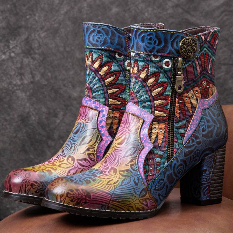 Bohemian Bedrucktes Leder Patchwork Seitlicher Reißverschluss Weiche Bequeme Stiefeletten Mit Klobigem Absatz