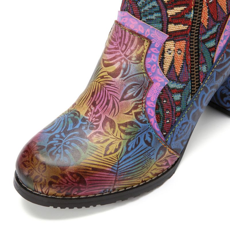 Bohemian Bedrucktes Leder Patchwork Seitlicher Reißverschluss Weiche Bequeme Stiefeletten Mit Klobigem Absatz