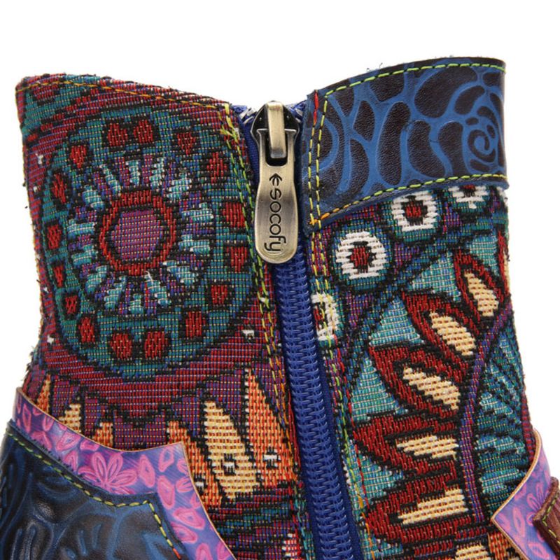 Bohemian Bedrucktes Leder Patchwork Seitlicher Reißverschluss Weiche Bequeme Stiefeletten Mit Klobigem Absatz