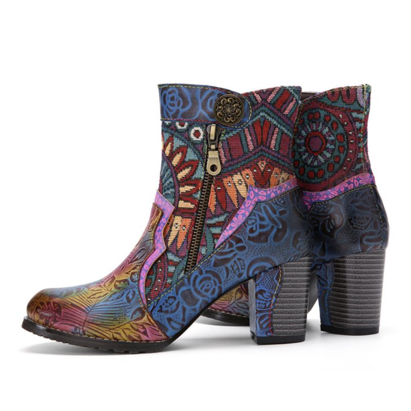 Bohemian Bedrucktes Leder Patchwork Seitlicher Reißverschluss Weiche Bequeme Stiefeletten Mit Klobigem Absatz