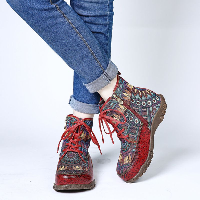 Bohemian Style Retro Big Head Soft Echtleder Splicing Flat Ankle Boots