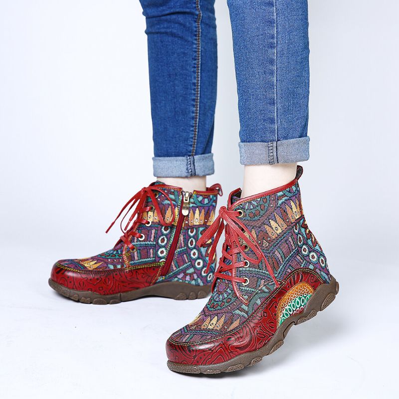 Bohemian Style Retro Big Head Soft Echtleder Splicing Flat Ankle Boots